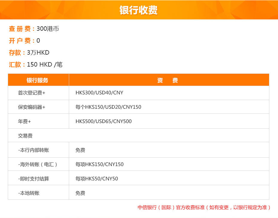 中信銀行（國際）銀行收費(fèi)